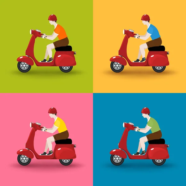 Set de scooters vintage rojos con hombres — Vector de stock