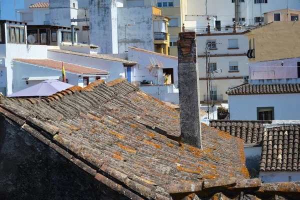 Vista Del Tejado Baldosas Antiguas Con Chimenea Casco Antiguo — Foto de Stock