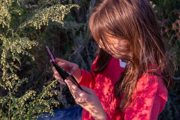 Девушка Длинными Волосами Смотрит Смартфон Высокой Траве Поле — стоковое фото
