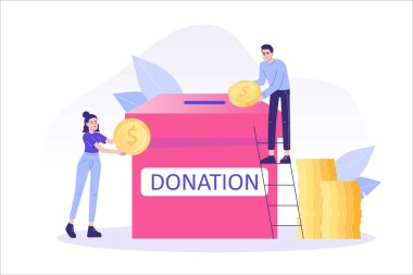 Bağış ve Bağış Konsepti. Mutlu İnsanlar bağış kutusuna para koyuyorlar. Poster, web, pankart, ui, bilgi grafikleri için izole vektör illüstrasyonu