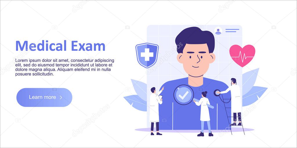 Medical Exam Concept. Doctors and Medical Staff examining male patient. Healthcare. Checkup. Medical diagnosis. Medicine. Landing template. Web banner. Homepage design. Isolated vector illustration