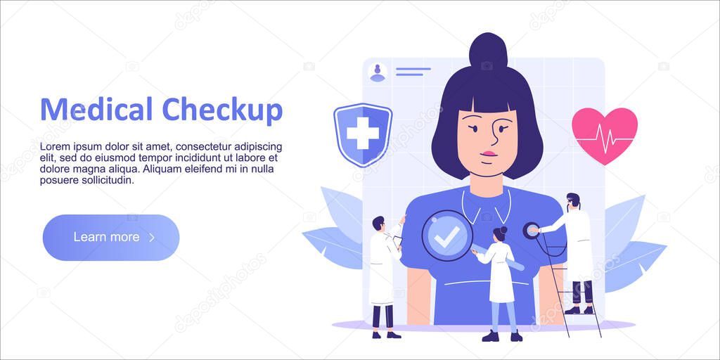 Medical Checkup Concept. Doctors and Medical Staff examining female patient. Healthcare. Medical diagnosis. Medicine. Landing template. Web banner. Homepage design. Isolated flat vector illustration