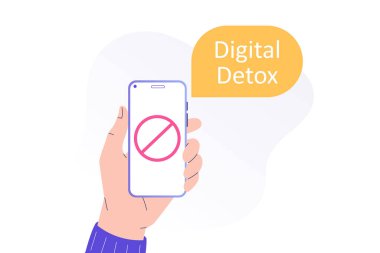 Dijital Detox Konsepti. Telefonun fişini çekmek ve çevrimdışı olmak. Stres ve endişeden uzak durmak. Aletleri, cihazları, interneti bırakmak. Ağ, afiş ve poster için izole edilmiş modern vektör illüstrasyonu