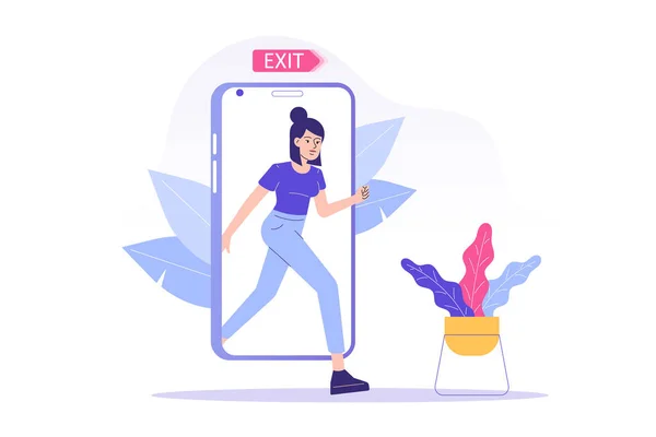 Concept Désintoxication Numérique Femme Heureuse Sortant Écran Smartphone Débrancher Téléphone — Image vectorielle