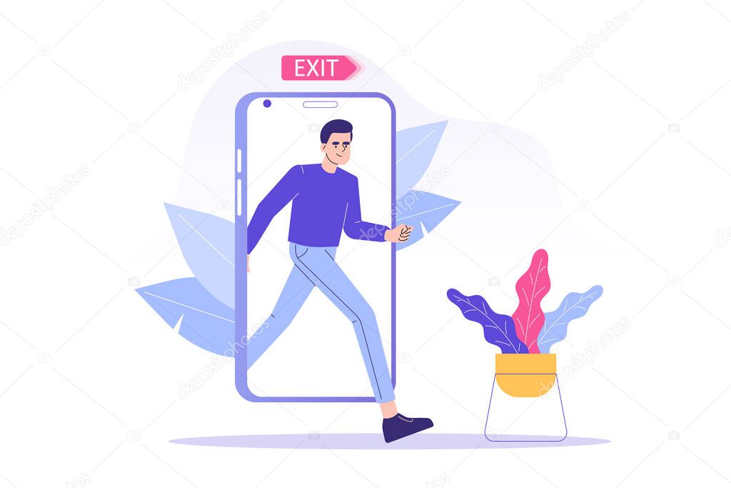Digital Detox Concept. Happy man exiting the smartphone screen.  Unplugging the phone and being offline. Staying away from stress and anxiety. Healthy lifestyle. Isolated modern vector illustration