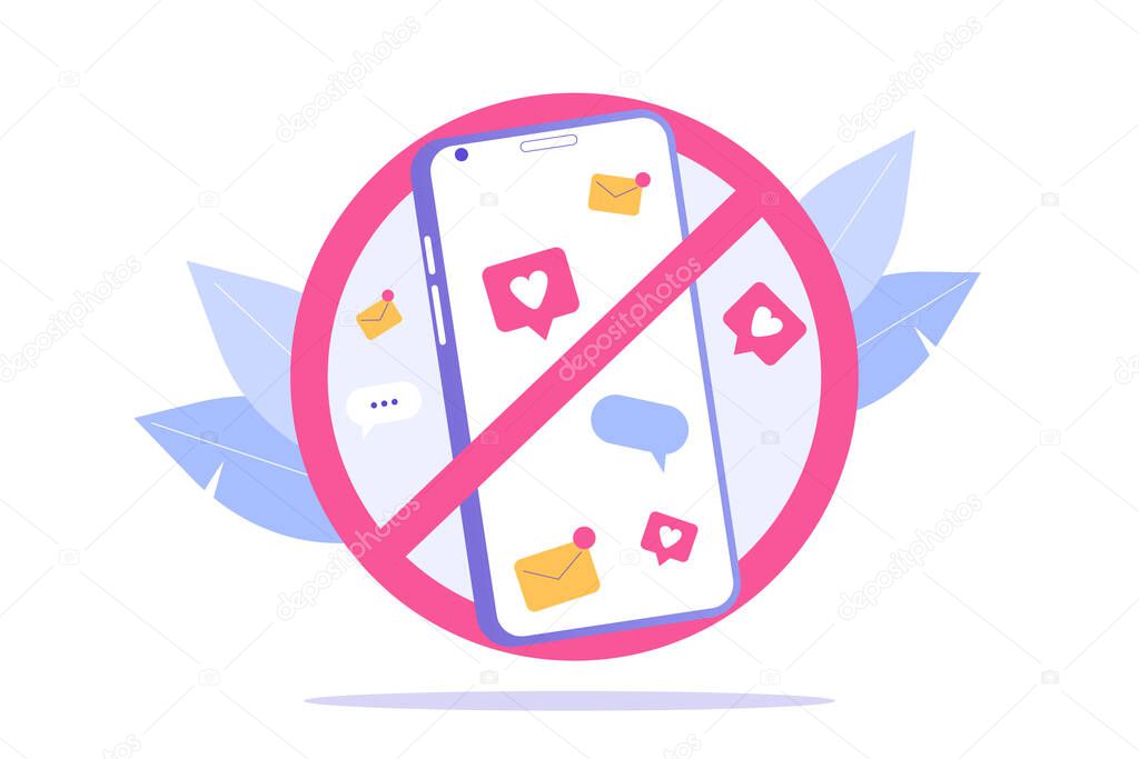 Digital Detox Concept. Unplugging the phone and being offline. Staying away from stress and anxiety. Abandoning gadgets, devices, internet. Isolated modern vector illustration for web, banner, poster