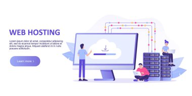 Web sunucu konsepti. Çevrimiçi veritabanı, sunucu, web veri merkezi, bulut hesaplama, teknoloji, bilgisayar, güvenlik. İniş sayfası şablonu tasarımı. Web pankartı için izole edilmiş modern vektör illüstrasyonu