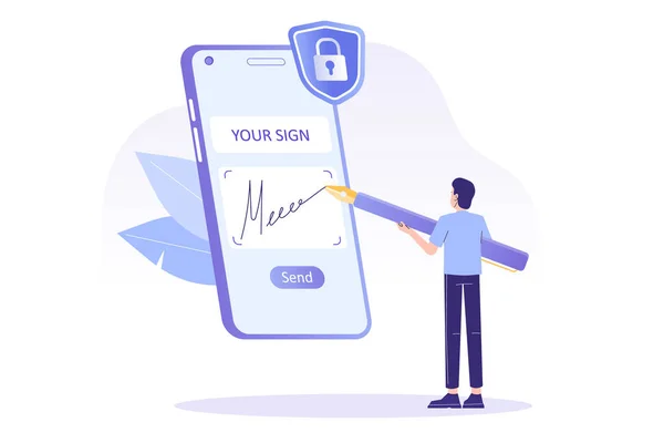 Dijital imza konsepti. İşadamı akıllı telefon ekranına imza atıyor. Dijital ortamda kontrat imzalıyorum. E-imza. İş ya da elektronik sözleşme. Web ve poster için izole edilmiş modern vektör illüstrasyonu