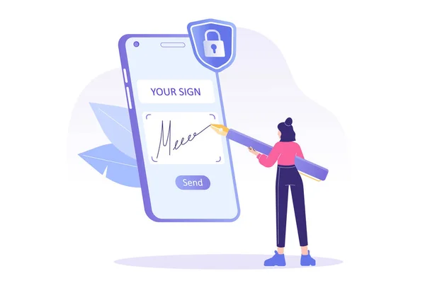 Digital Signature Concept Business Woman Signing Smartphone Screen Signing Contract — Stock Vector