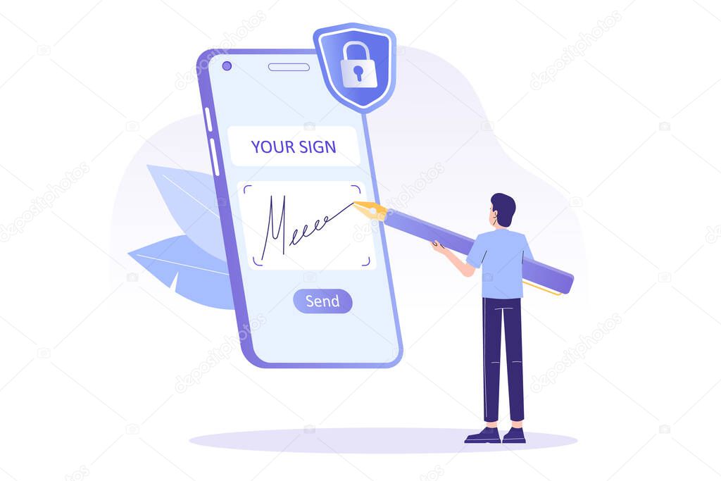 Digital signature concept. Business man signing on smartphone screen. Signing of contract on digital. E-signature. Business or electronic contract. Isolated modern vector illustration for web, poster
