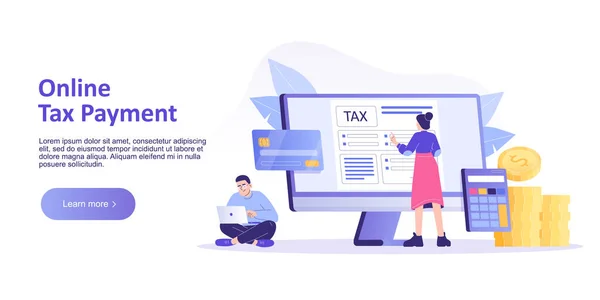 Çevrimiçi Vergi Ödeme Konsepti. Vergi Formu beyanı için başvuru formu dolduran gençler. Çevrimiçi Vergi Gönderme Sistemi. İniş ya da ana sayfa şablonu. Web pankartı için izole edilmiş modern vektör illüstrasyonu