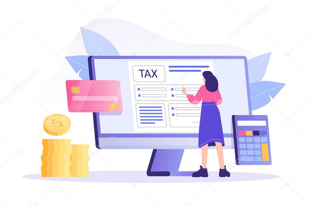Online Tax Payment Concept. Young woman filling application for tax form. Online tax submitting system. Calculating payment check. Isolated modern vector illustration for web, banner, flyer, poster