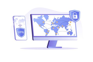 VPN servis konsepti. Bilgisayarlar ve akıllı telefonlar için VPN güvenlik yazılımı. Sanal Özel Ağ. Güvenli ağ bağlantısı ve gizlilik koruması. Pankart için izole edilmiş modern vektör illüstrasyonu