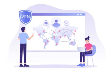 VPN Servis Konsepti. Kullanıcı arayüzünde VPN güvenlik yazılımı kullanan insanlar. Sanal Özel Ağ. Güvenli ağ bağlantısı ve gizlilik koruması. Web pankartı için izole edilmiş modern vektör illüstrasyonu