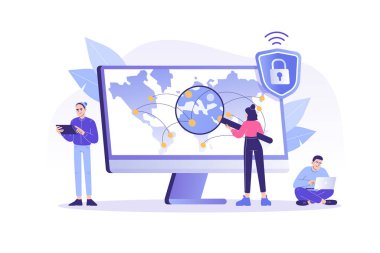 VPN Servis Konsepti. Bilgisayarlar ve akıllı telefonlar için VPN güvenlik yazılımı kullanan insanlar. Sanal Özel Ağ. Güvenli ağ bağlantısı ve gizlilik koruması. İzole edilmiş modern vektör illüstrasyonu
