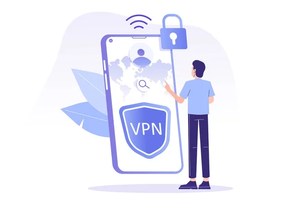 Vpn服务概念 年轻人用Vpn来保护他的个人数据在智能手机 虚拟专用网络 安全的网络连接和隐私保护 孤立的现代矢量图解 — 图库矢量图片