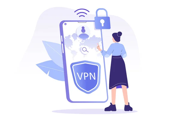 Vpnサービスの概念 Vpnを使用してスマートフォンで個人データを保護する若い男 仮想プライベートネットワーク 安全なネットワーク接続とプライバシー保護 孤立した現代のベクトル図 — ストックベクタ