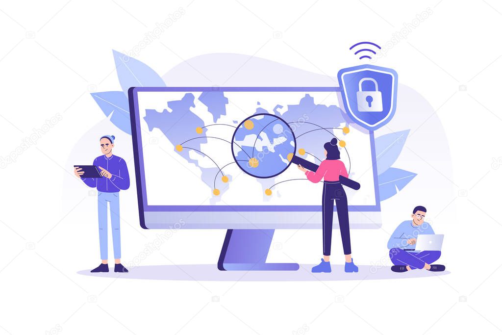 VPN Service Concept. People using VPN security software for computers and smartphones. Virtual Private Network. Secure network connection and privacy protection. Isolated modern vector illustration