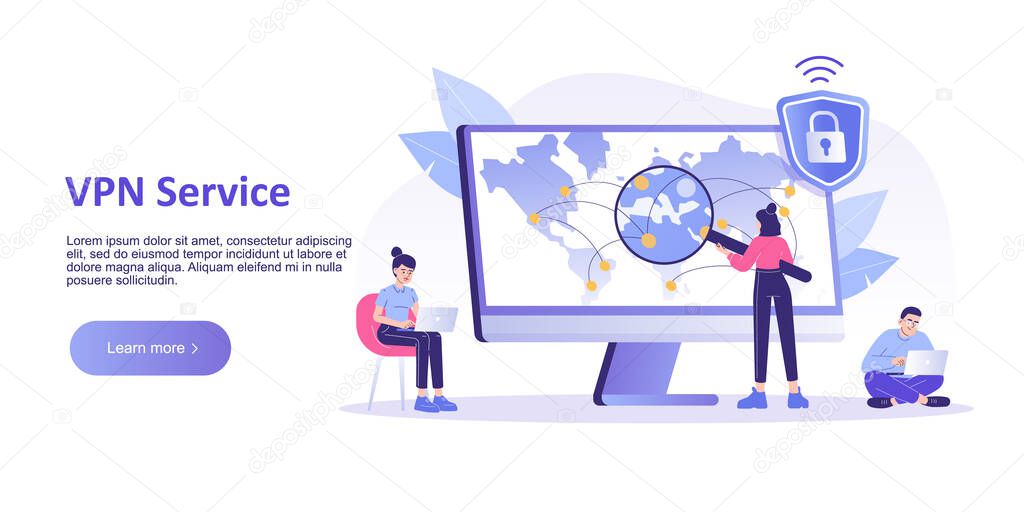 VPN service concept. VPN security software. Virtual Private Network. Secure network connection and privacy protection. Landing or page template. Isolated modern vector illustration for web banner
