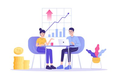 Finansal danışmanlık hizmeti konsepti. Müşterilere finansal danışmanlık yapıyorum. İş analizi. Profesyonel yardım. İzole edilmiş modern vektör illüstrasyonu