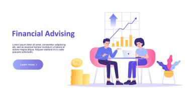 Finansal danışmanlık hizmeti konsepti. Müşterilere finansal danışmanlık yapıyorum. İş analizi. Profesyonel yardım. İniş şeması. Ana sayfa. Web pankartı için izole edilmiş modern vektör illüstrasyonu