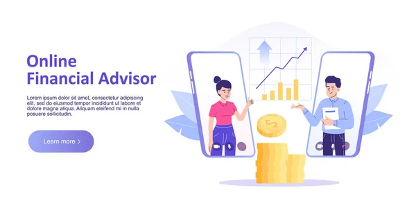 Çevrimiçi finansal danışmanlık hizmeti konsepti. Akıllı telefondan online finansal danışmanlık yapıyorum. Finans ve yenilikçi mobil teknoloji. İniş sayfası şablonu. Web pankartı için vektör illüstrasyonu