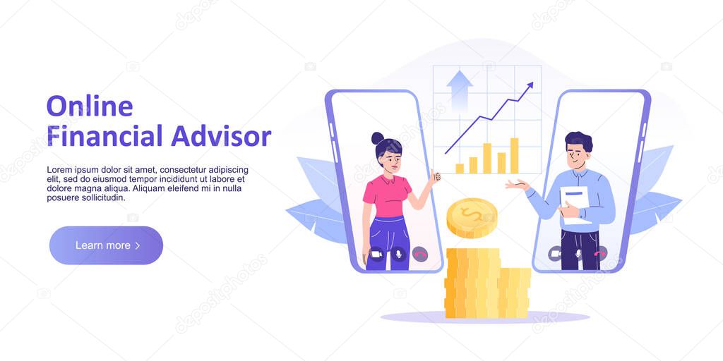 Online financial advisor service concept. Giving online financial consultation from smartphone. Finance and innovative mobile technology. Landing page template. Vector illustration for web banner