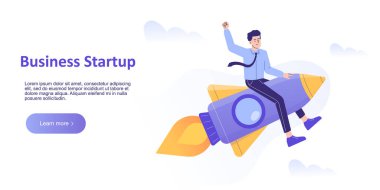Girişim Konsepti. Genç bir iş adamı bir roketin üstünde uçuyor. Projeni başlat. Yeni bir şirketin açılışı. İniş sayfası şablonu. Web pankartı için izole edilmiş modern vektör illüstrasyonu