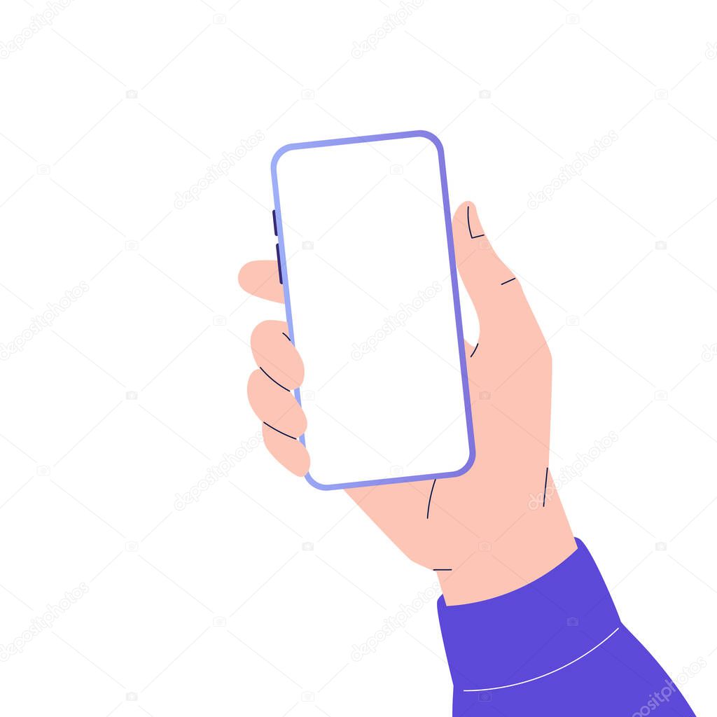 Smartphone in hand concept. Businessman hand holding smartphone with empty screen. Modern frameless design. Copy space. Smartphone template for app presentation. Isolated vector illustration