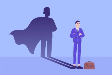 İş adamı kahraman konsepti. Genç iş adamı süper kahraman gölgesiyle kendinden emin duruyor. Liderlik işinde süper kahraman. Başarı ve Hırs. Başarı ve motivasyon. Vektör illüstrasyonu