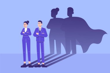 İş kahramanı konsepti. Genç iş adamları süper kahraman gölgesiyle güvenle duruyorlar. Liderlik işinde süper kahraman. Başarı ve Hırs. Başarı ve motivasyon. Vektör illüstrasyonu