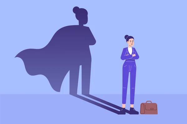 İş adamı kahraman konsepti. Genç iş kadını süper kahraman gölgesiyle güvenle ayakta duruyor. Liderlik işinde süper kahraman. Başarı ve Hırs. Başarı ve motivasyon. Vektör illüstrasyonu