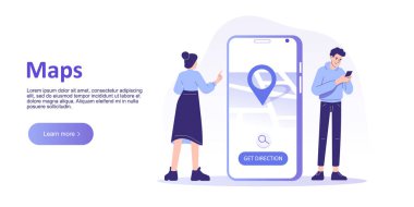 GPS navigasyon hizmeti uygulaması. Akıllı telefon haritası uygulaması. Uygulamada harita navigasyonunu ara. Konum kodu ekranda. GPS teknolojisi. İniş sayfası şablonu. Web afişi. İzole vektör illüstrasyonu