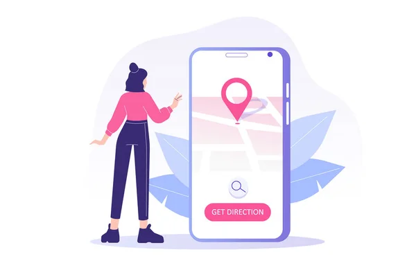 Gps Navigeringstjänst Ung Kvinna Som Använder Smartphone Karta Ansökan Sök — Stock vektor