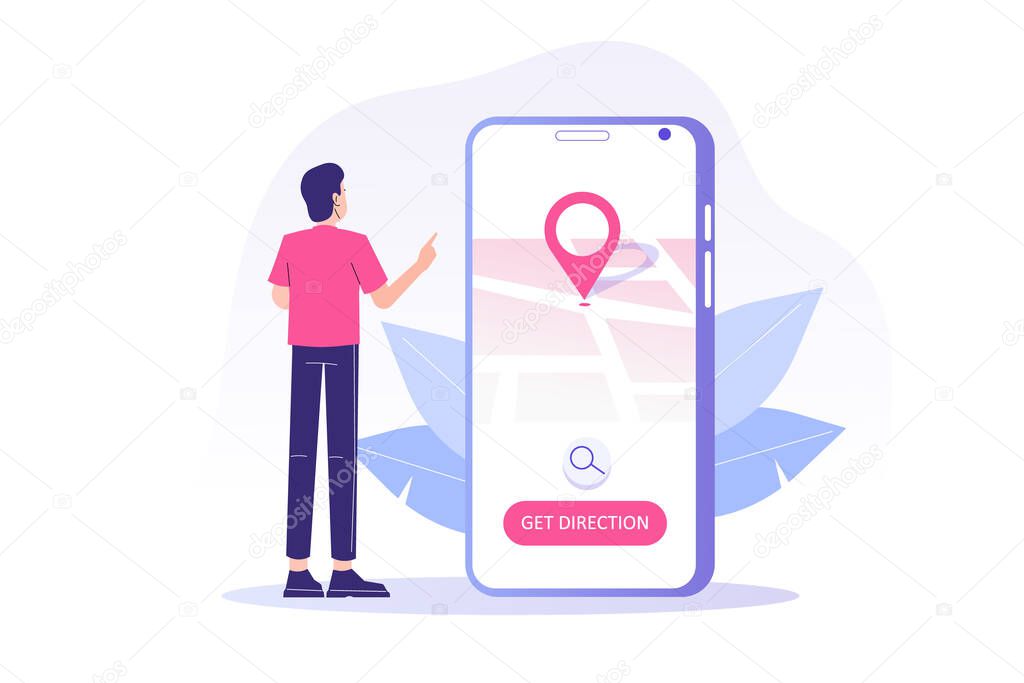 GPS navigation service application. Young man using smartphone map application. Search map navigation on app. Location pin on screen. GPS technology. Isolated vector illustration