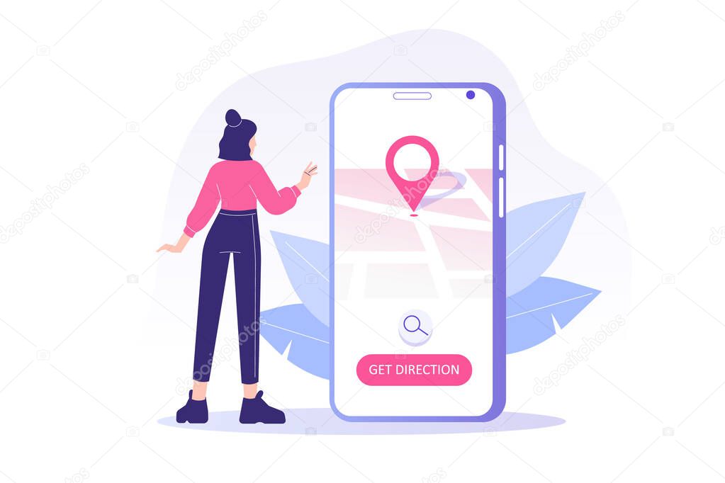 GPS navigation service application. Young woman using smartphone map application. Search map navigation on app. Location pin on screen. GPS technology. Isolated vector illustration