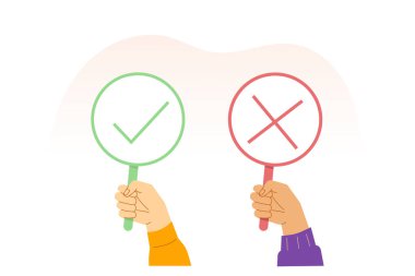 Evet ve insan elinde pankart yok. Seçim, ikilem, ihtilaf, seçim tereddüt, oy kullanma, muhalefet, anket. Test sorusu. Karşıt görüş. Doğru ya da yanlış cevap. İzole edilmiş modern vektör illüstrasyonu