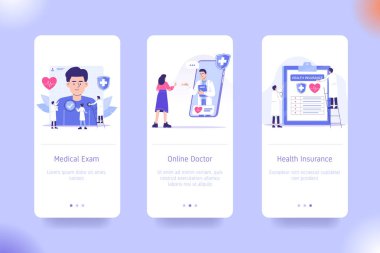 Tıbbi Muayene için uygulama tasarımı hazır, Çevrimiçi Doktor ve Sağlık Sigortası. UI ekran tasarımı. Mobil uygulama şablonu. Kullanıcı arayüzü için modern vektör çizimleri