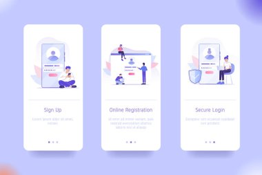 Online Kayıt ve Güvenli Giriş için uygulama tasarımı ayarlandı. Yatılı ekranlarda UI tasarımı. Mobil uygulama şablonu. Kullanıcı arayüzü için modern vektör çizimleri