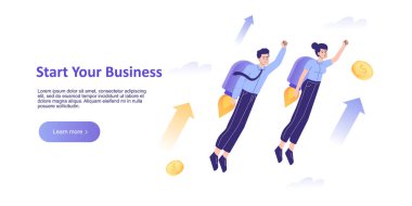 Starting New Business concept. Business woman flying up with a jet pack. Startup and boosting successful business. Landing page template. Homepage design. Modern vector illustration for web banner clipart