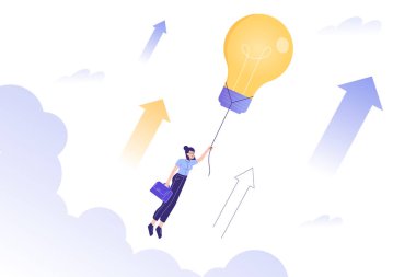 Yenilik kavramı. Ampulle uçan iş kadını. İş büyümesi. Motivasyon ve Başarı. Başarı, başarılı bir şekilde iş geliştirme. İlerleyin. Modern izole vektör çizimi