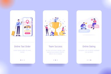 Online Taksi Siparişi, Takım Başarı ve Online Randevu için uygulama tasarımı ayarlandı. UI ekran tasarımı. Mobil uygulama şablonu. Kullanıcı arayüzü için modern vektör çizimleri