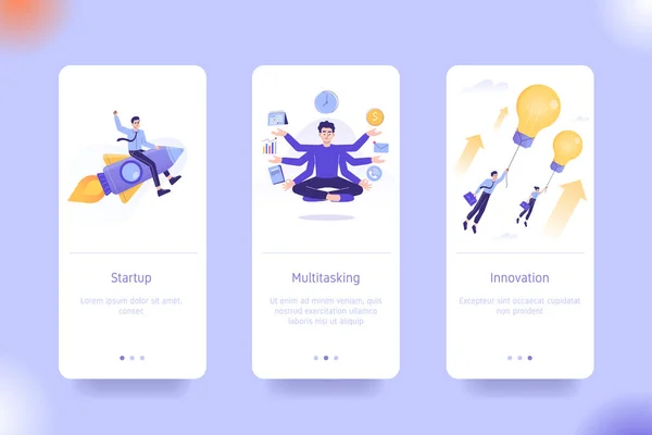 Anwendungsdesign Set Für Startup Multitasking Und Innovation Benutzeroberfläche Auf Boarding — Stockvektor