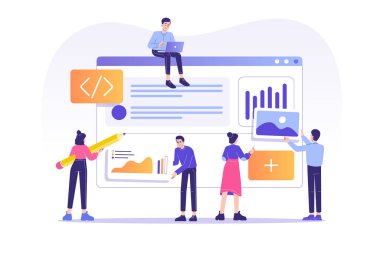 Web tasarımı ve geliştirme konsepti. Geliştirici ekip bir web sitesi tasarlıyor ve yaratıyor. Web, afiş, poster, el ilanı için modern izole vektör ilüstrasyonu, ui