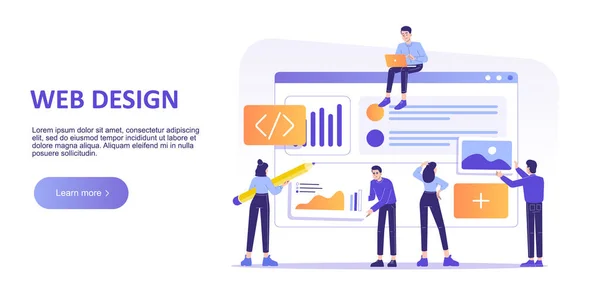 ウェブデザインと開発コンセプト ウェブサイトを設計 作成する開発チーム ランディングページテンプレート ウェブバナーのための現代的な孤立ベクトルイラスト — ストックベクタ