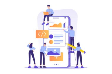 Uygulama Tasarım ve Geliştirme konsepti. Akıllı telefon için bir uygulama oluşturan ya da programlayan geliştiriciler. Web afişi için izole edilmiş modern vektör illüstrasyonu, poster, ui