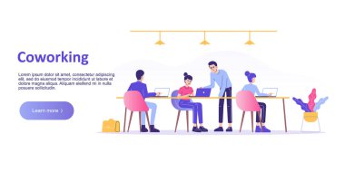 Ortak çalışma alanı kavramı. Laptoplarla çalışan gençler ortak modern ofis işyerlerinde çalışıyorlar. İniş sayfası şablonu. Web sitesi tasarımı. Web afişi için izole vektör illüstrasyonuName