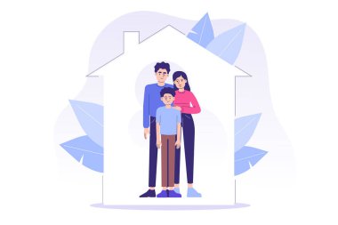 Aile evde, sigorta hizmetleri konsepti. Ebeveynler sever ve önemser. Aile hayatı koruma sigortası. Web, afiş, poster, el ilanı için izole vektör illüstrasyonu, ui