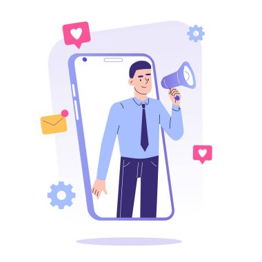 Dijital Pazarlama konsepti. Akıllı telefon ekranında elinde simgelerle megafon tutan bir adam. Çevrimiçi sosyal medya, pazarlama stratejisi. Bir arkadaş reklamına atıfta bulun. İzole edilmiş modern düz vektör çizimi