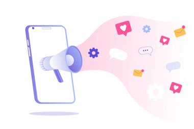 Dijital Pazarlama konsepti. Simgeli akıllı telefon ekranında megafon. Çevrimiçi sosyal medya, pazarlama stratejisi. Bir arkadaş reklamına atıfta bulun. İzole edilmiş modern düz vektör çizimi
